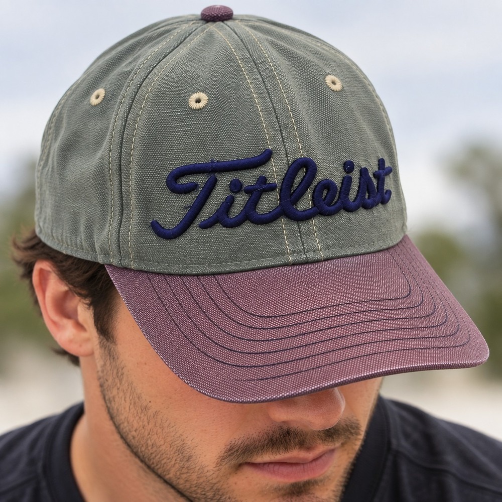 Titleist DCI Golf Hat Cap Leather Strap Gray Purple Distressed Adjustable -3748
